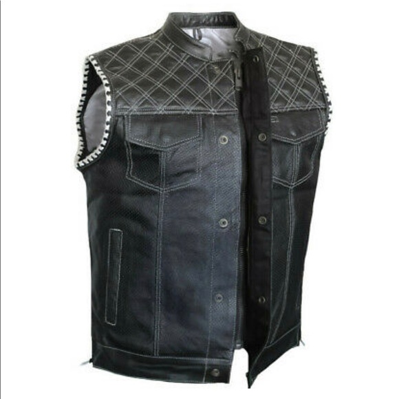 Mens Club Style Perforated US Eagle Liner Motorcycle Conceal Carry Leather Vest - Picture 2 of 5